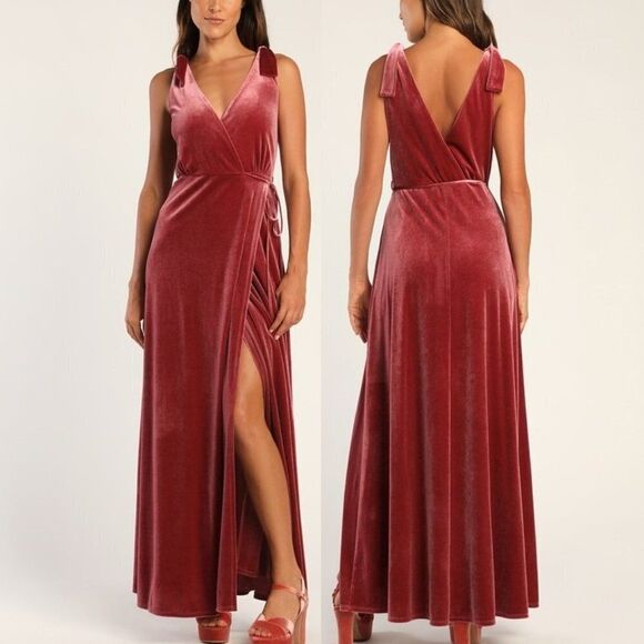 Lulu's Tie Strap Wrap Stretch Maxi Dress Cocktail Party Rose‎ Velvet Medium - Picture 1 of 6